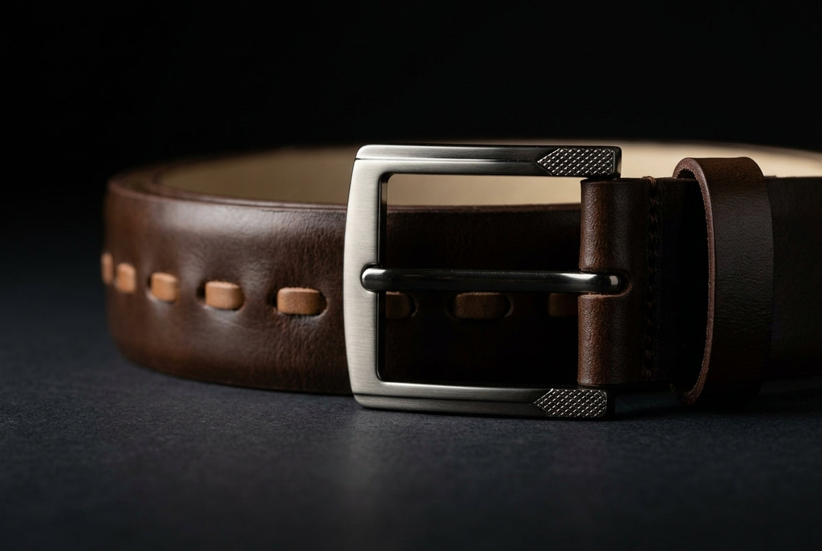 Men's Leather Belt – Dark Brown with Woven Detail