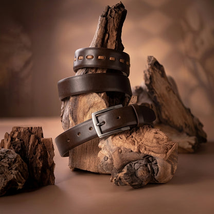 Men's Leather Belt – Dark Brown with Woven Detail