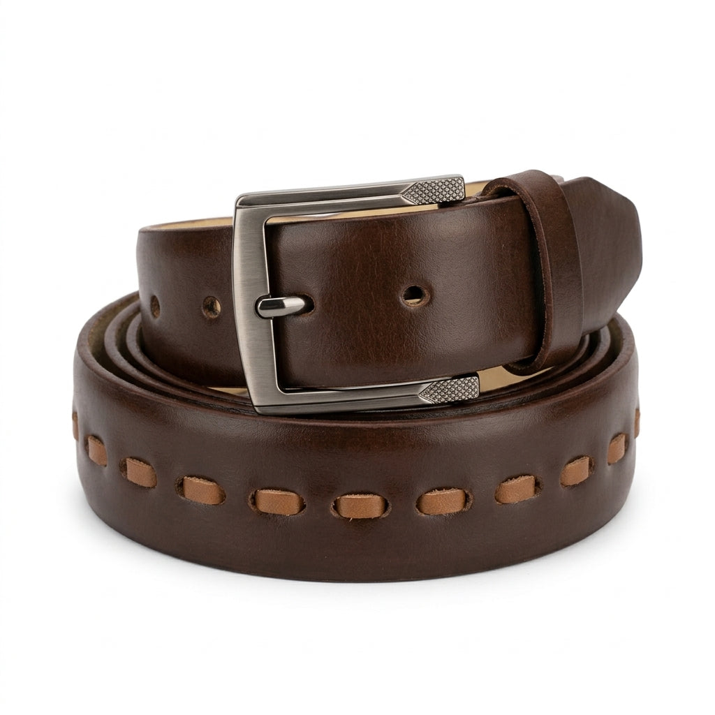 Men's Leather Belt – Dark Brown with Woven Detail