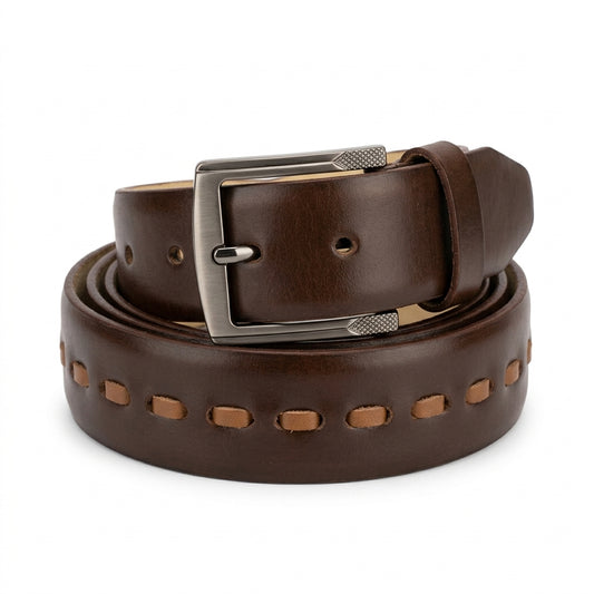 Men's Leather Belt – Dark Brown with Woven Detail